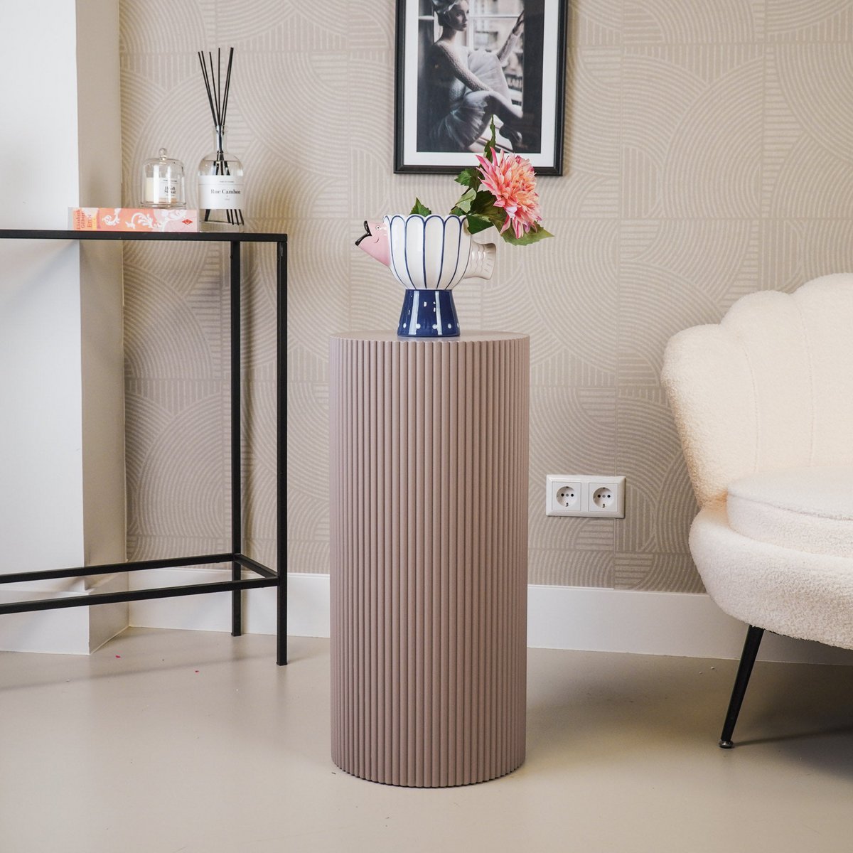 Bijzettafel / Zuil- Cilinder - MDF - Taupe - 30x65cm