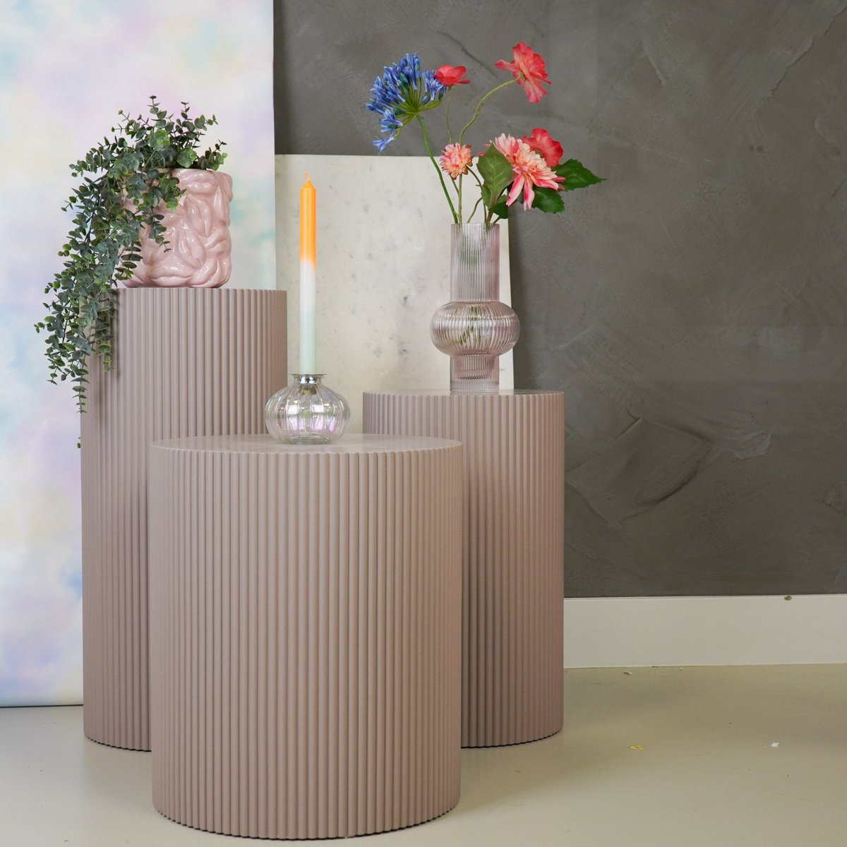 Bijzettafel / pilaarcilinder - MDF - taupe -30x54cm