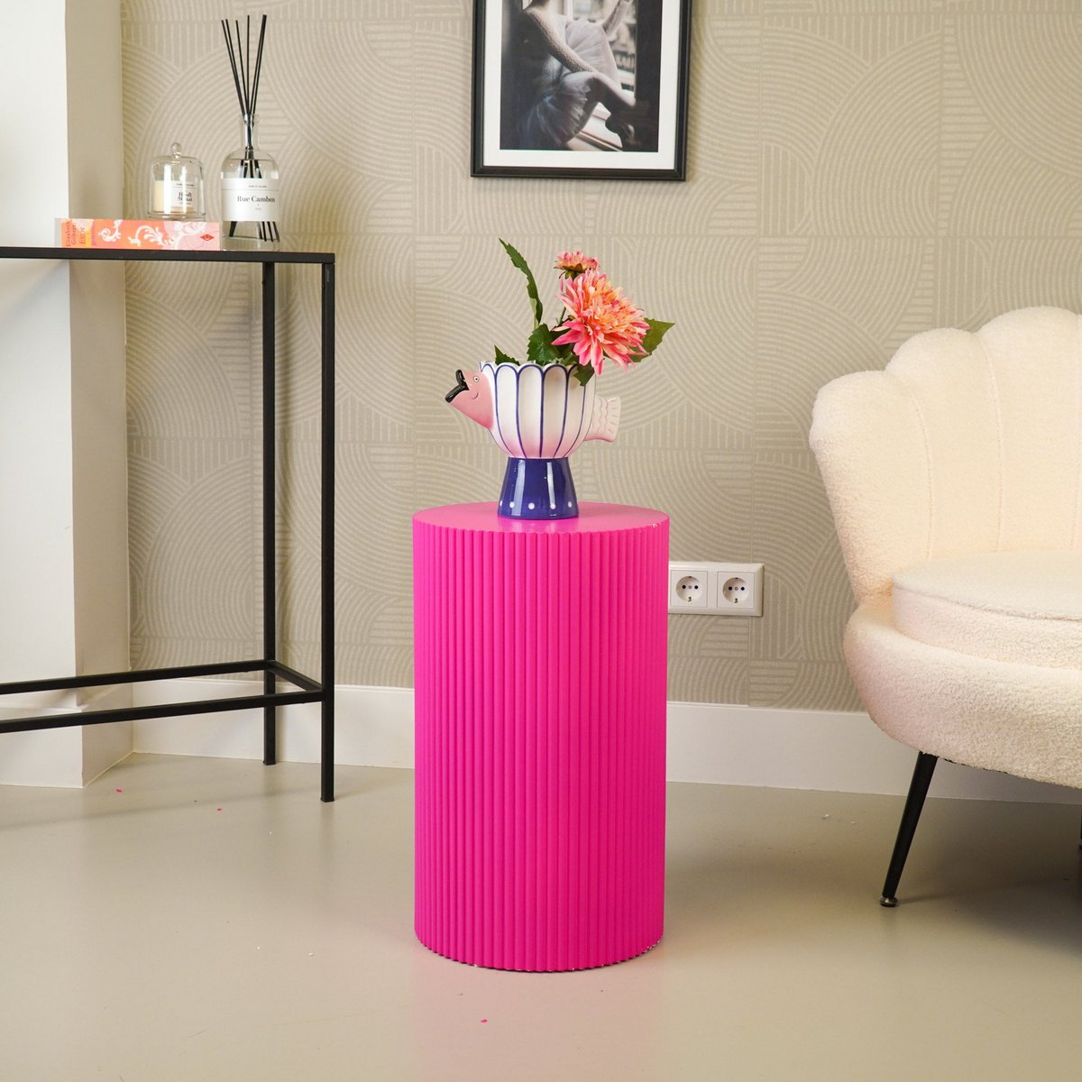 Bijzettafel / pilaar -cilinder - MDF - neon roze - 30x54cm