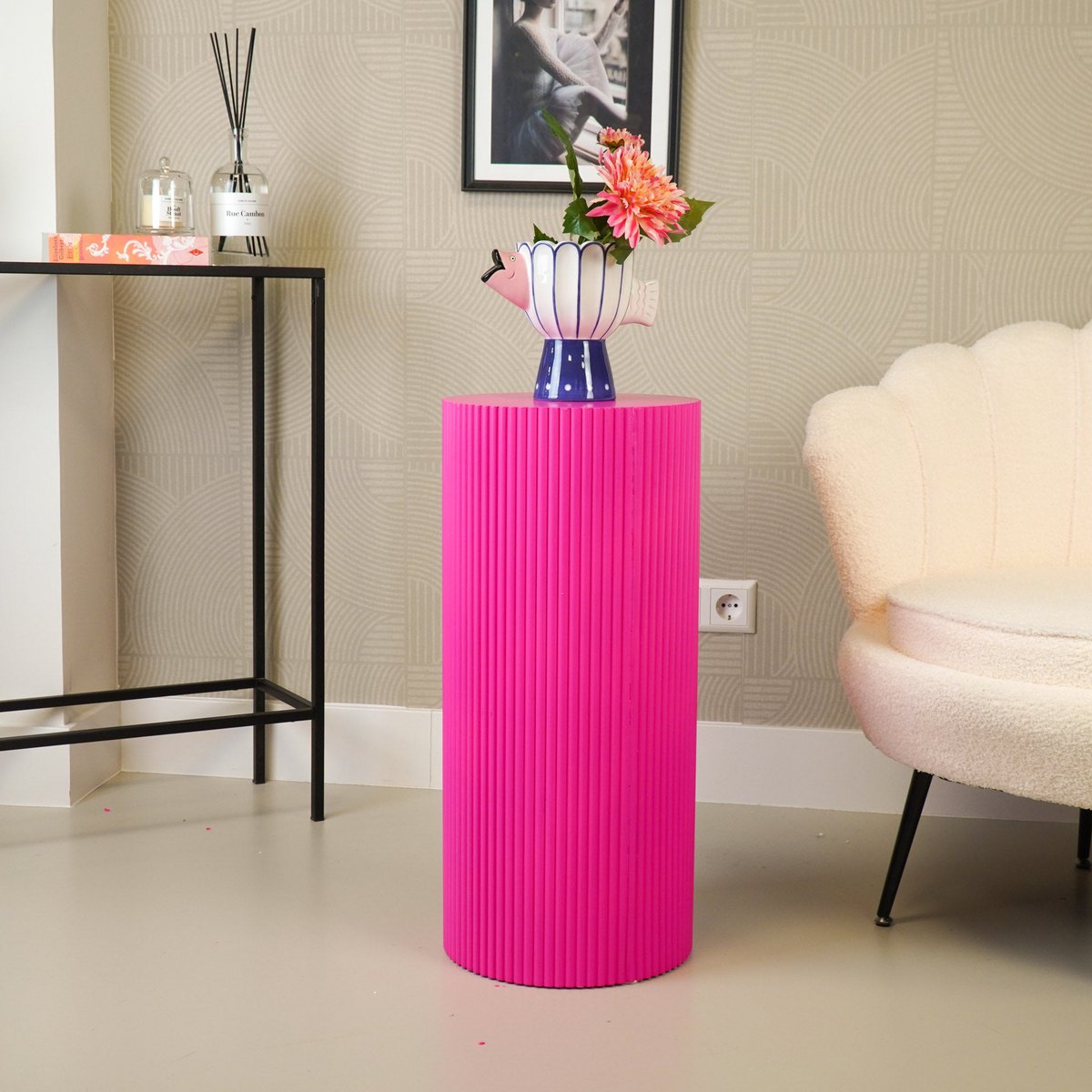 Bijzettafel / pilaar -cilinder - MDF - neon roze - 30x65cm