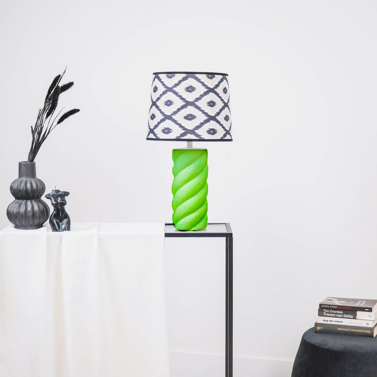 Lampenkap - Kelim Print - Polyester - Zwart/Wit - 26x30x23cm
