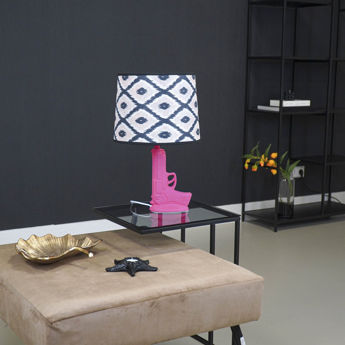 Lampenkap - Kelim Print - Polyester - Zwart/Wit - 26x30x23cm