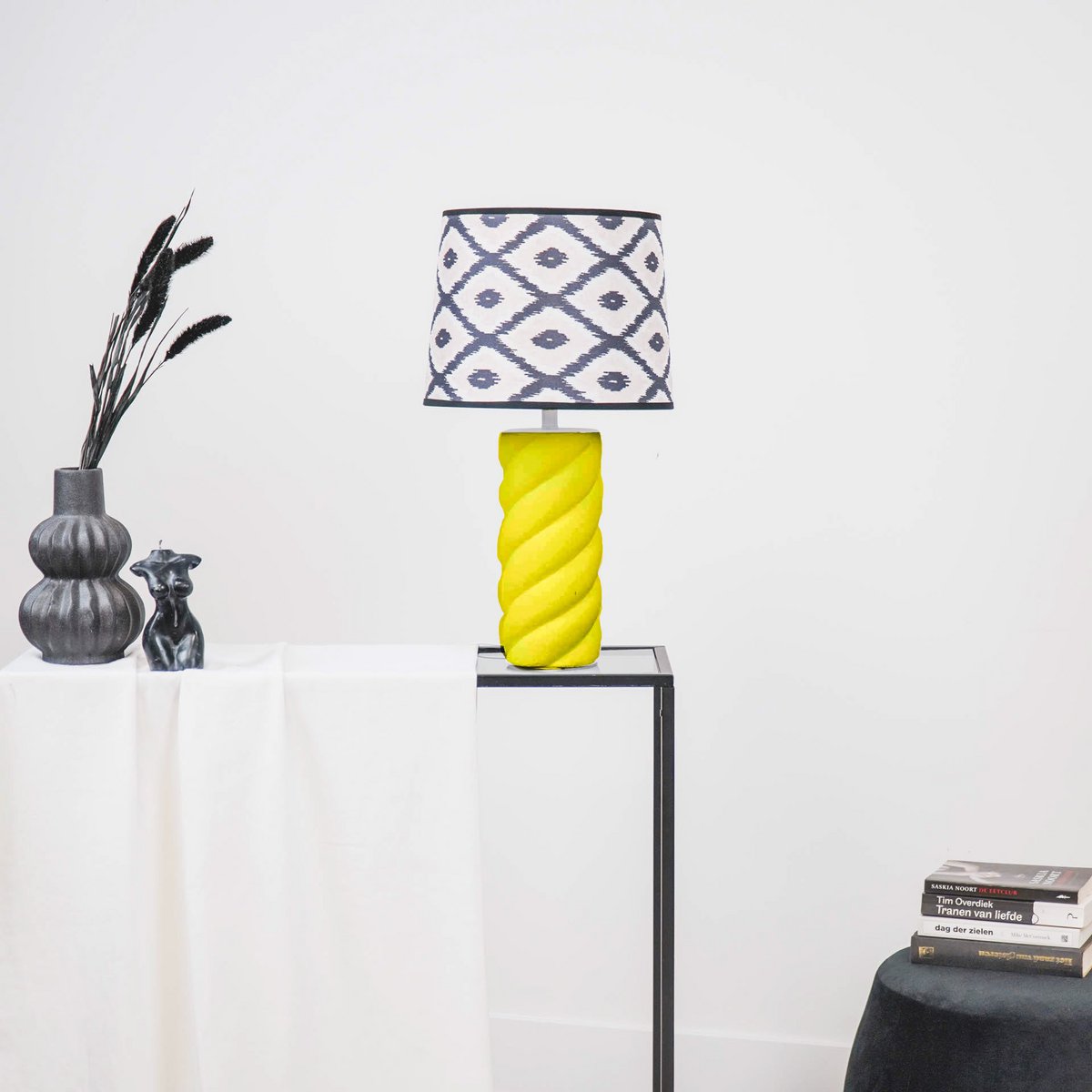 Lampenkap - Kelim Print - Polyester - Zwart/Wit - 26x30x23cm