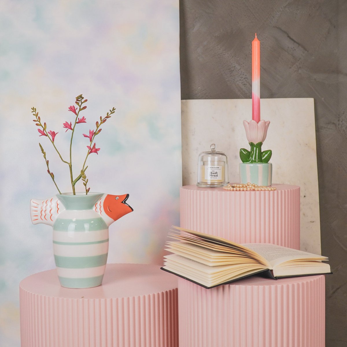 Vaas - visdolomiet -mint/wit/oranje -23x12.5x21cm