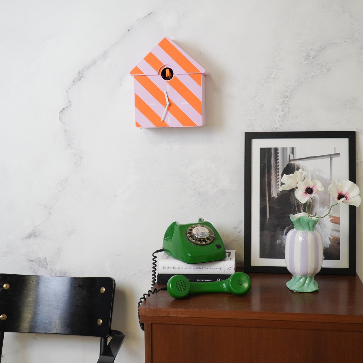 Klok koekoek patroon- oranje/ roze- 24x27x9cm