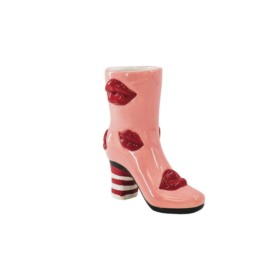 Bloemvaas- Laars met lippen vaas- keramiek- roze/ rood